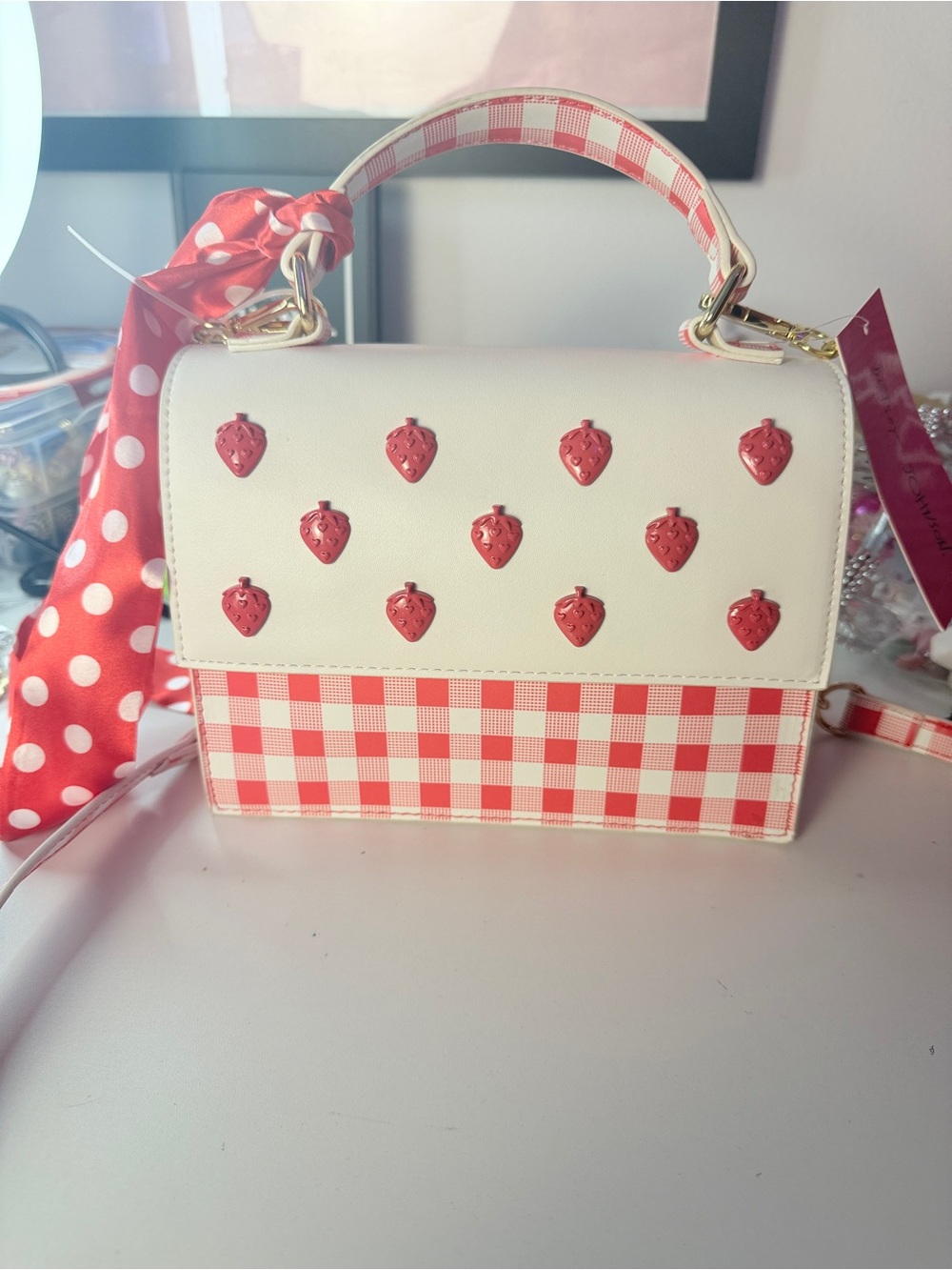 BETSY JOHNSON BNWT Strawberry Gingham Top-Handle Crossbody Bag - White & Red